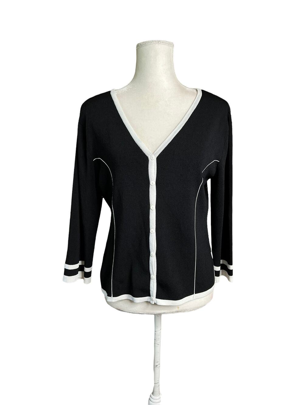 Finity Womens Ribbed Cardigan Tunic Sweater XL Black White Trim Button V-Neck